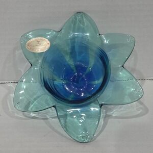 Murano Glassware Crystal Clear Italy Blue Teal Flower Bowl Starburst 5.75in